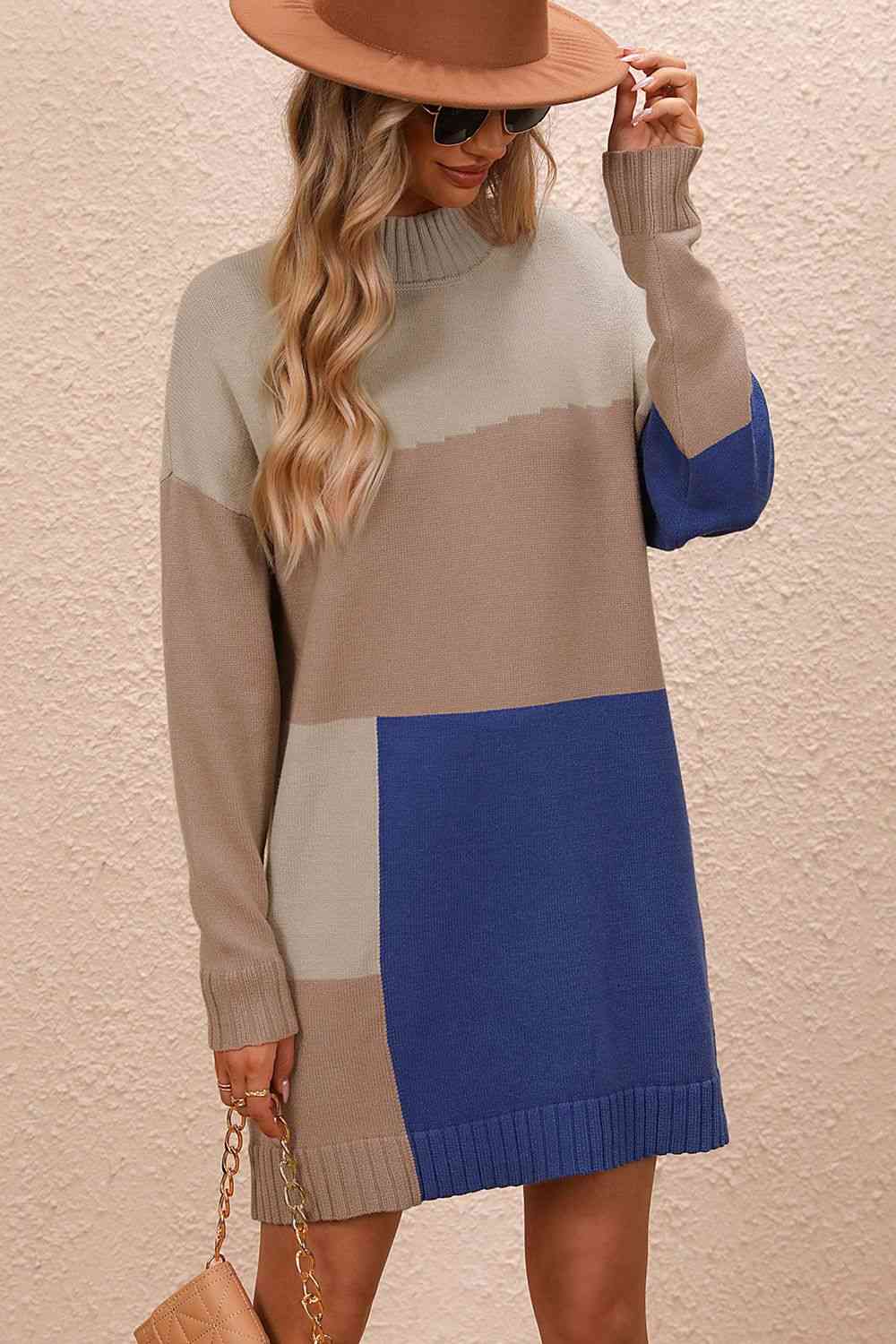 Color Block Mock Neck Dropped Shoulder Sweater Dress (4 Colors)  Krazy Heart Designs Boutique Camel S 