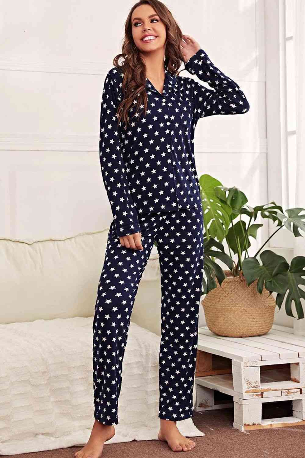 Star Print Button-Up Shirt and Pants Lounge Set Loungewear Krazy Heart Designs Boutique Navy S 