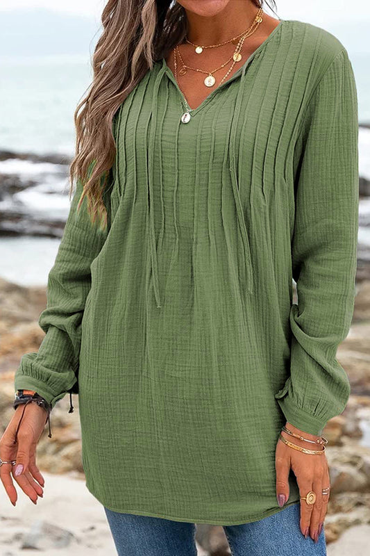 Ruched Long Sleeve Tie Neck T-Shirt  Krazy Heart Designs Boutique Matcha Green S 