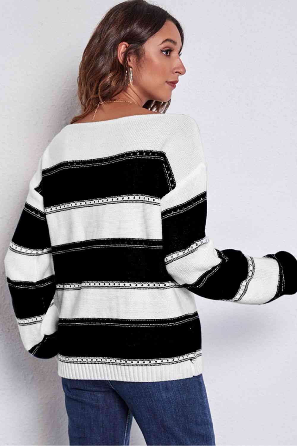 Striped Boat Neck Dropped Shoulder Sweater (4 Colors) Shirts & Tops Krazy Heart Designs Boutique   