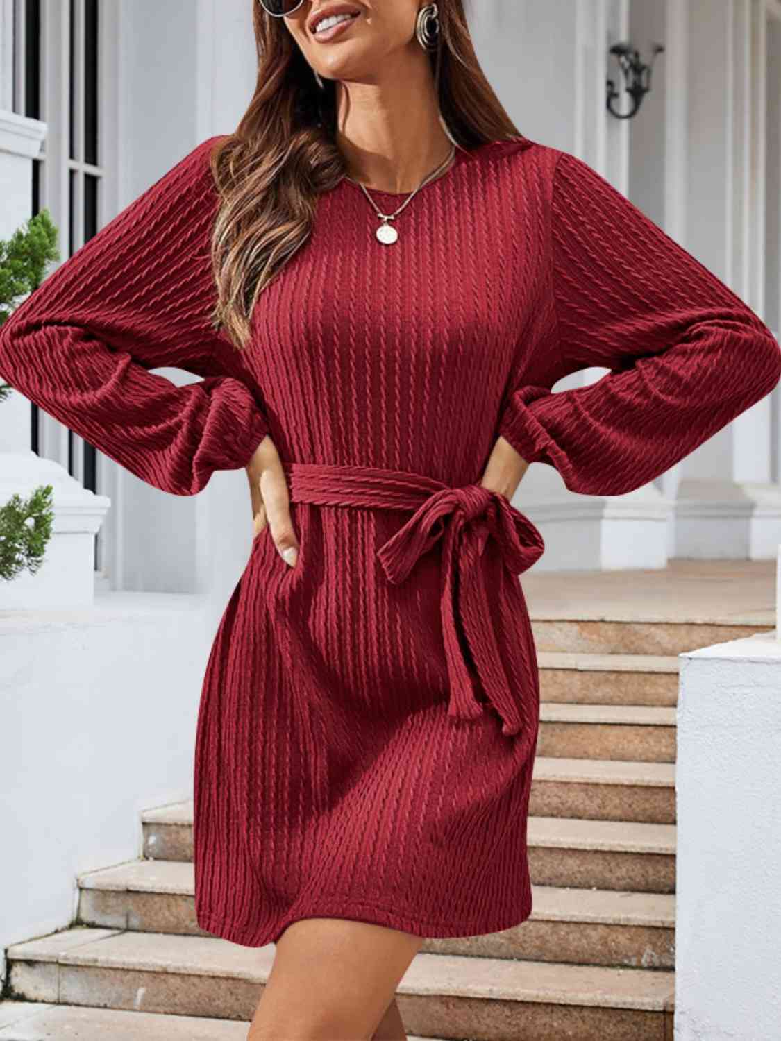 Round Neck Tie Front Long Sleeve Dress (4 Colors)  Krazy Heart Designs Boutique Brick Red S 