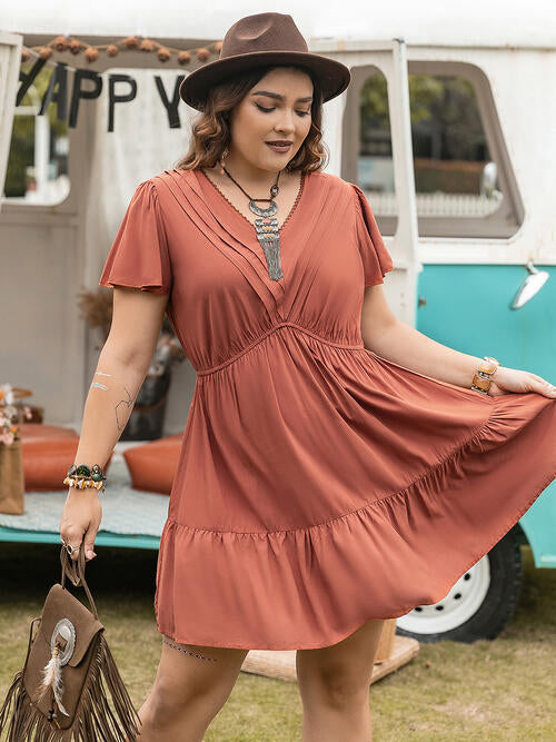 Double Take Plus Size Ruffle Hem V-Neck Short Sleeve Dress (4 Colors)  Krazy Heart Designs Boutique Caramel 0XL 