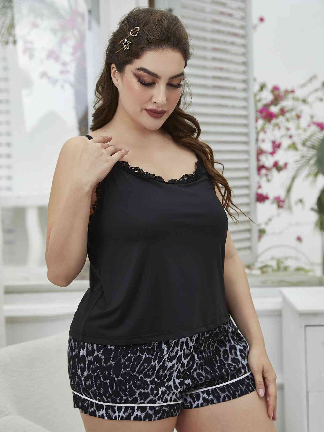 Plus Size Lace Trim Scoop Neck Cami and Printed Shorts Pajama Set ( 2 Style Designs) Loungewear Krazy Heart Designs Boutique   