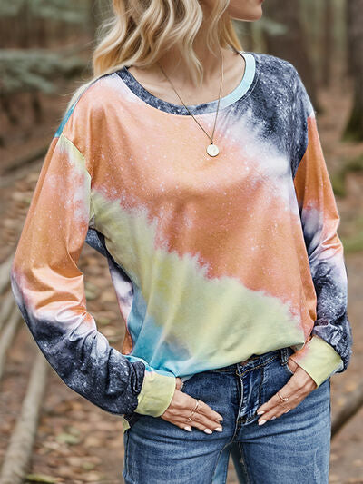 Tie Dye Round Neck Long Sleeve T-Shirt (2 Colors) Shirts & Tops Krazy Heart Designs Boutique Tangerine S 