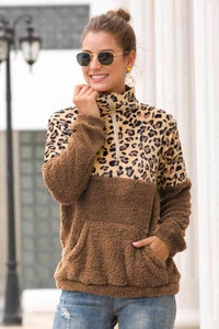 Leopard Print Zip-Up Turtle Neck Dropped Shoulder Sweatshirt Shirts & Tops Krazy Heart Designs Boutique Khaki S 