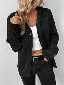 Button Up Drawstring Long Sleeve Hooded Cardigan (3 Colors)  Krazy Heart Designs Boutique Black S 