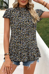 Ditsy Floral Mock Neck Short Sleeve Top (4 Colors) Shirts & Tops Krazy Heart Designs Boutique Black S 