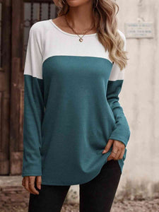 Contrast Round Neck Long Sleeve T-Shirt  Krazy Heart Designs Boutique Teal S 