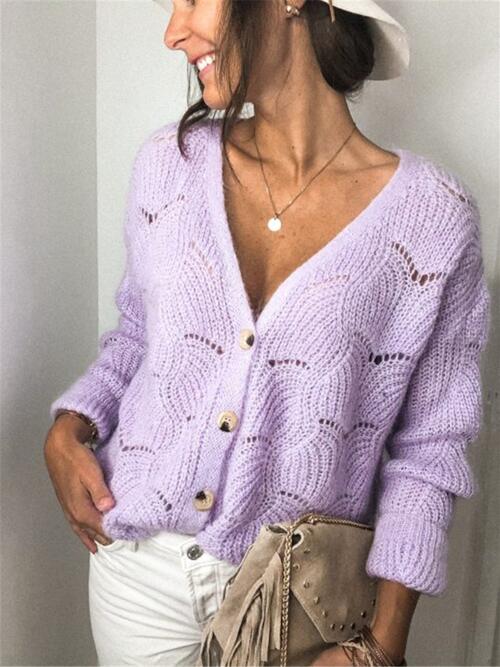 Openwork Button Up Long Sleeve Sweater (3 Colors) Shirts & Tops Krazy Heart Designs Boutique Lavender S 