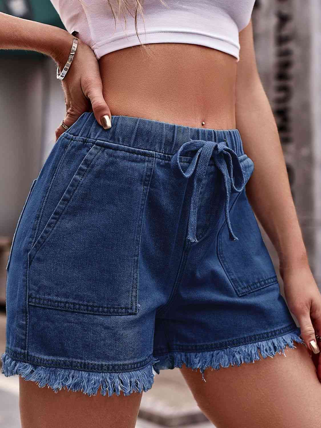 Drawstring Raw Hem Denim Shorts (12 Colors) shorts Krazy Heart Designs Boutique   