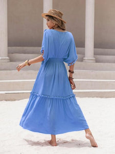 Tassel Trim Smocked V-Neck Short Sleeve Dress (7 Colors) Dress Krazy Heart Designs Boutique   