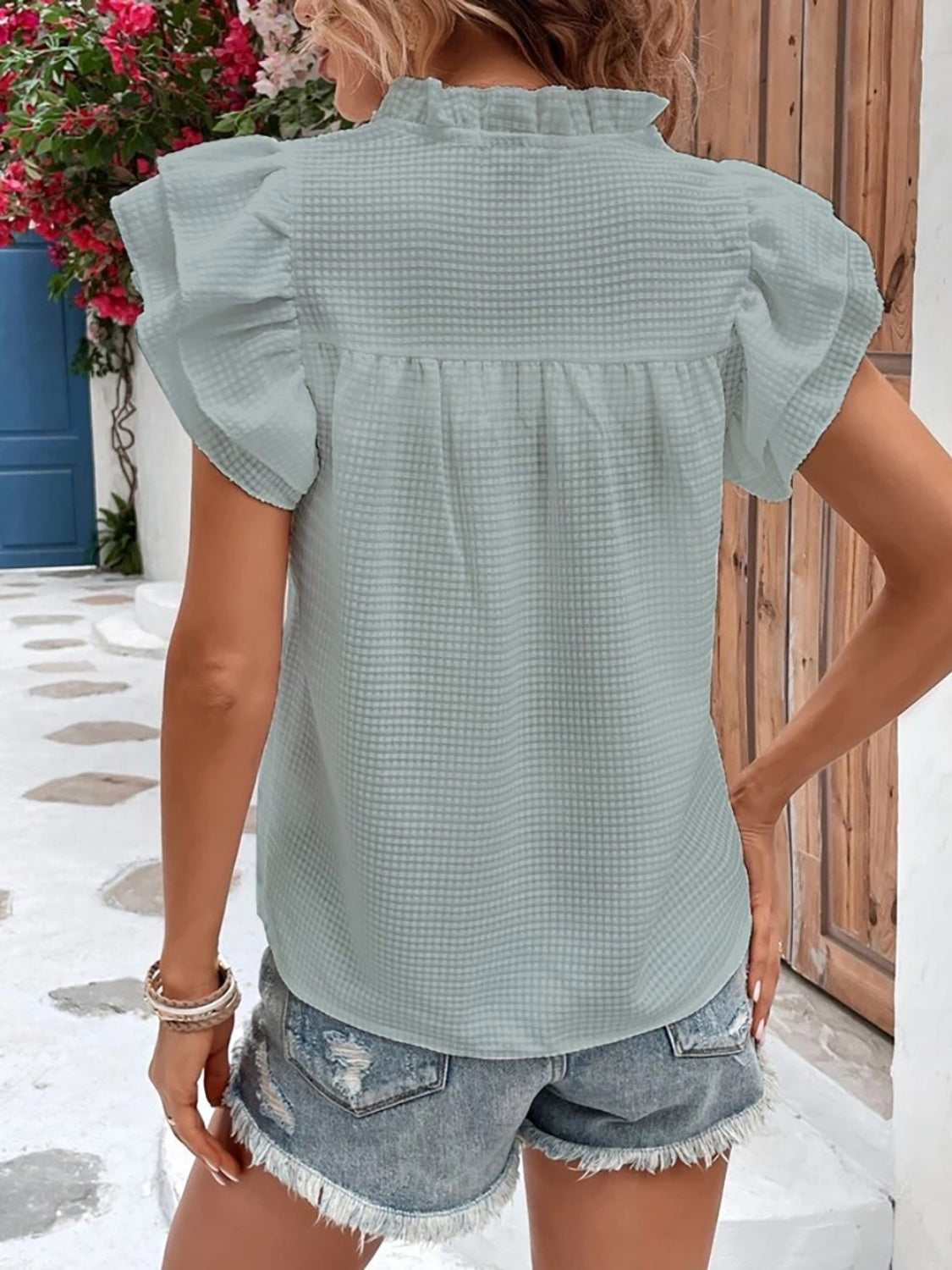 Ruffled Notched Cap Sleeve Blouse (3 Colors) Shirts & Tops Krazy Heart Designs Boutique   