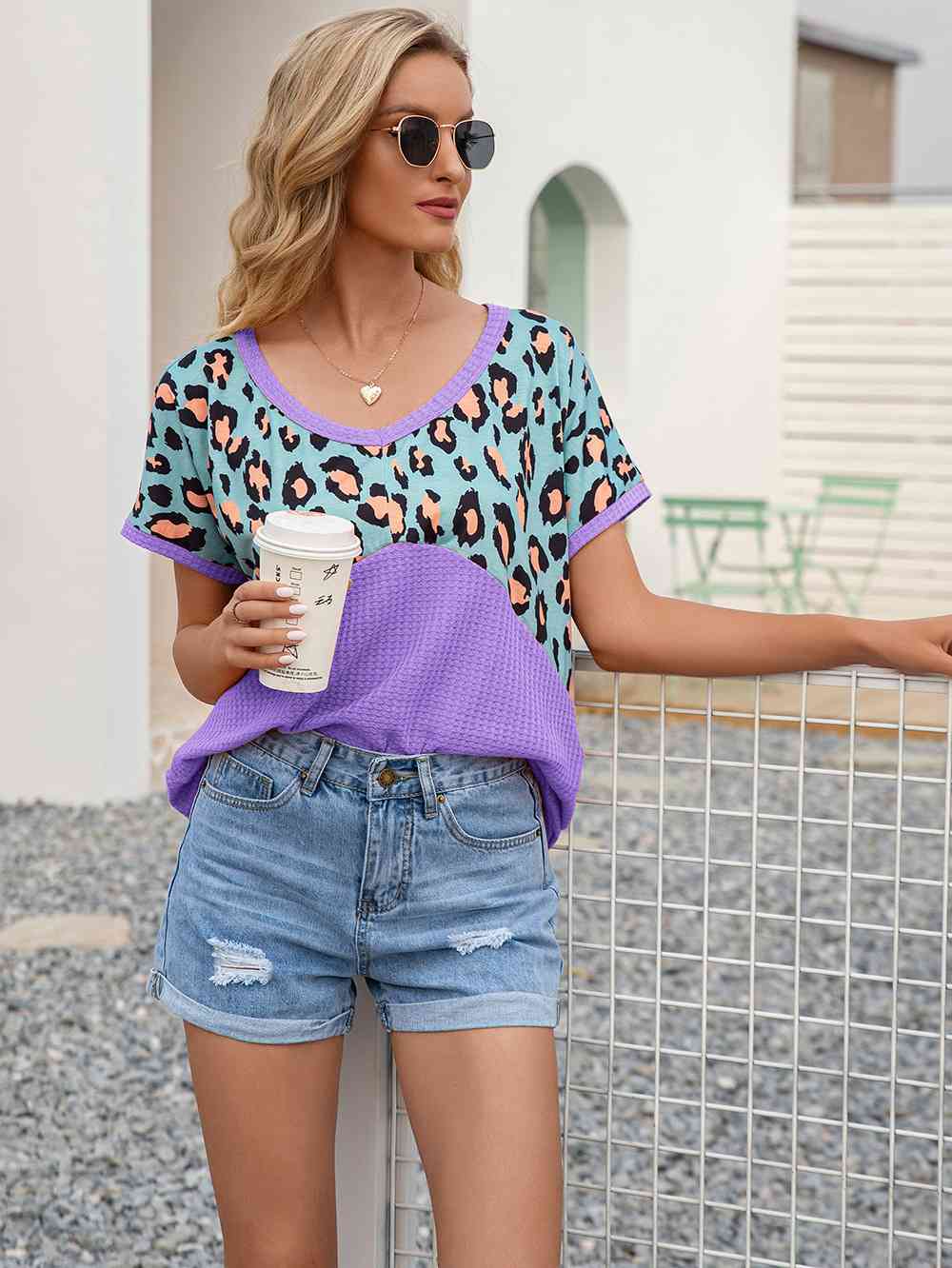 Leopard Waffle-Knit Short Sleeve Top (4 Colors) Shirts & Tops Krazy Heart Designs Boutique   