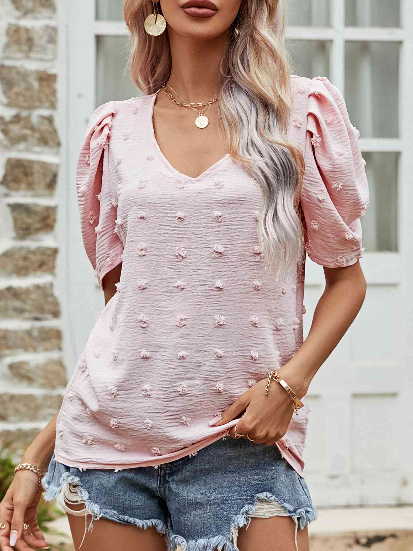 Swiss Dot Short Puff Sleeve Top  Krazy Heart Designs Boutique Pink S 
