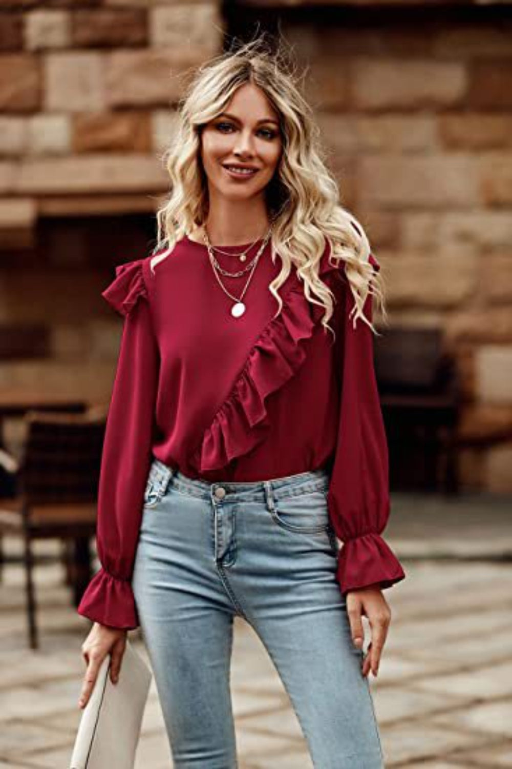 Ruffled Round Neck Long Sleeve Top (6 Colors)  Krazy Heart Designs Boutique Deep Red S 