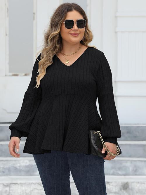 Plus Size Ribbed V-Neck Long Sleeve Blouse (4 Colors) Shirts & Tops Krazy Heart Designs Boutique   