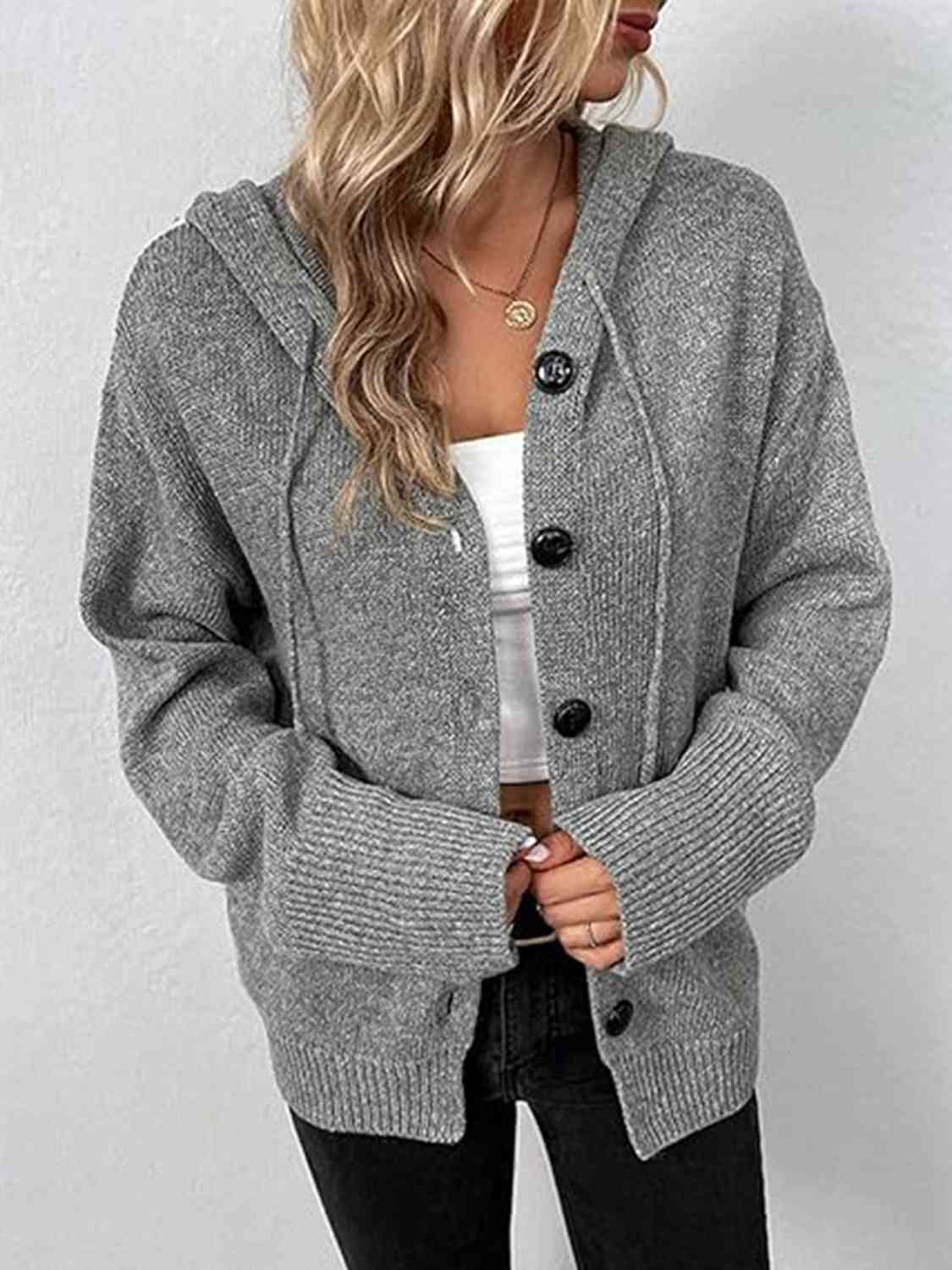 Button Up Drawstring Long Sleeve Hooded Cardigan (3 Colors)  Krazy Heart Designs Boutique   