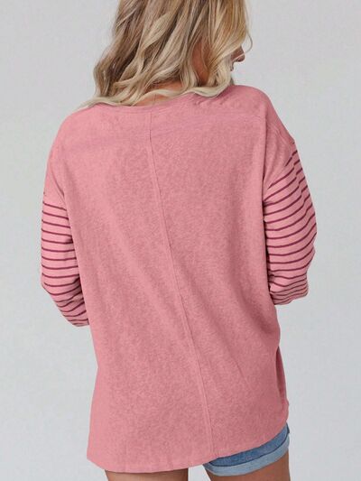 Round Neck Striped Long Sleeve Slit T-Shirt (5 Colors) Shirts & Tops Krazy Heart Designs Boutique   