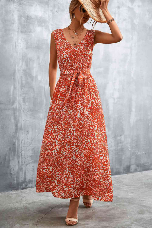 Printed V-Neck Tie Waist Maxi Dress (3 Colors)  Krazy Heart Designs Boutique Red Orange S 