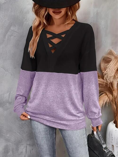 Contrast Color Crisscross V-Neck Long Sleeve Top (3 Colors) Shirts & Tops Krazy Heart Designs Boutique   