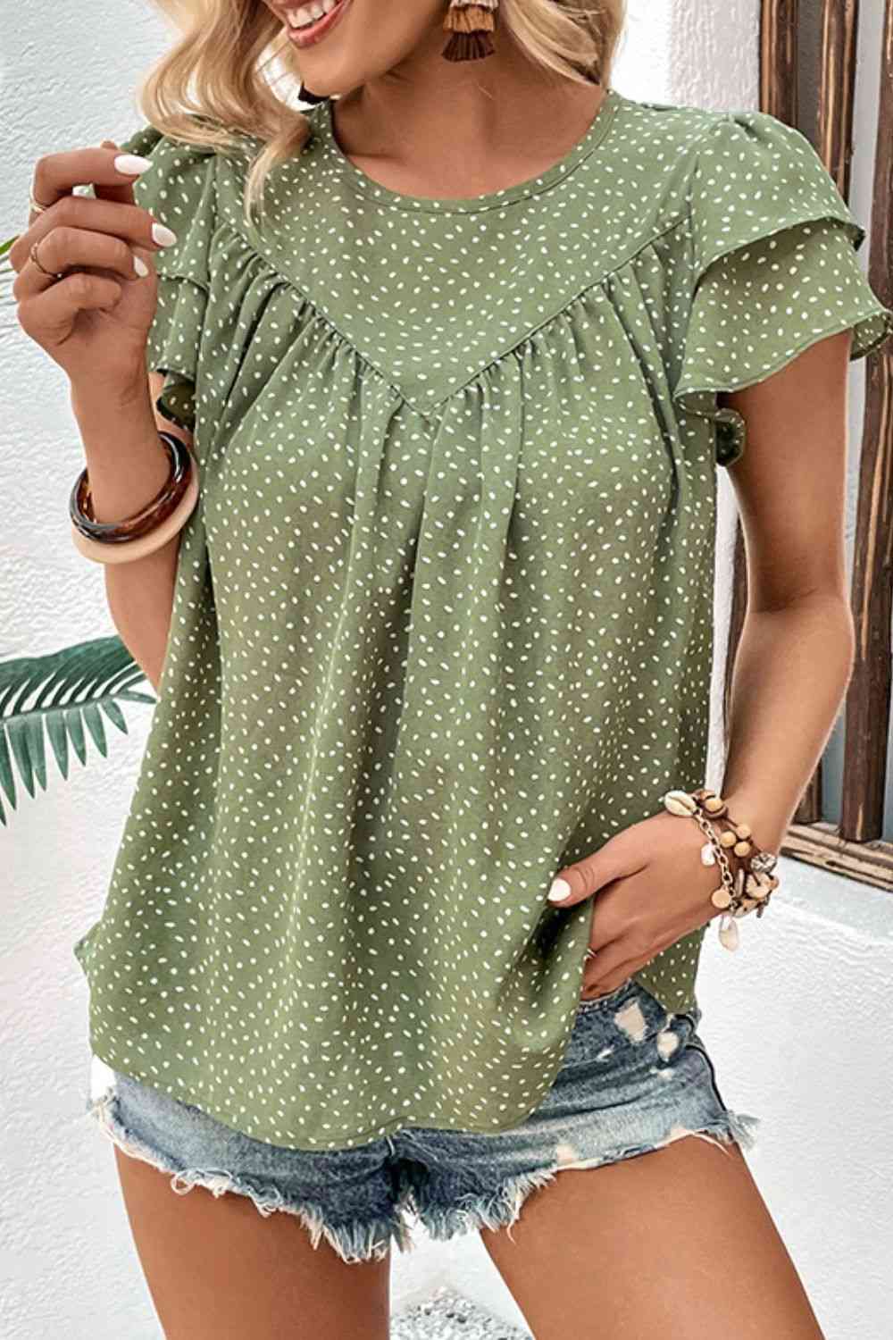 Printed Round Neck Puff Sleeve Blouse  Krazy Heart Designs Boutique Gum Leaf S 