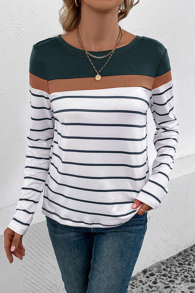 Striped Round Neck Long Sleeve Top (4 Colors) Shirts & Tops Krazy Heart Designs Boutique   