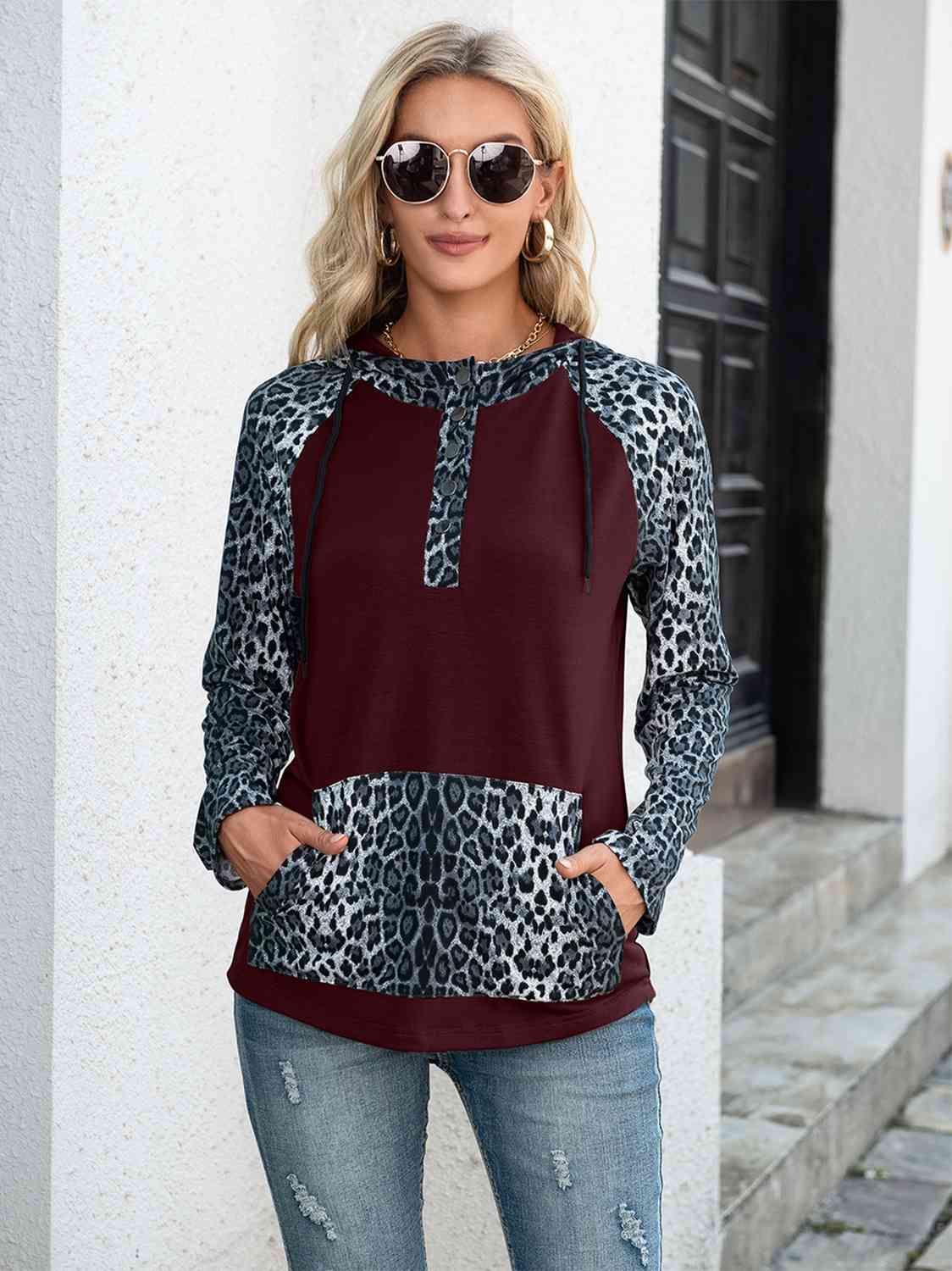 Leopard Print Drawstring Pocketed Raglan Sleeve Hoodie Shirts & Tops Krazy Heart Designs Boutique Wine S 