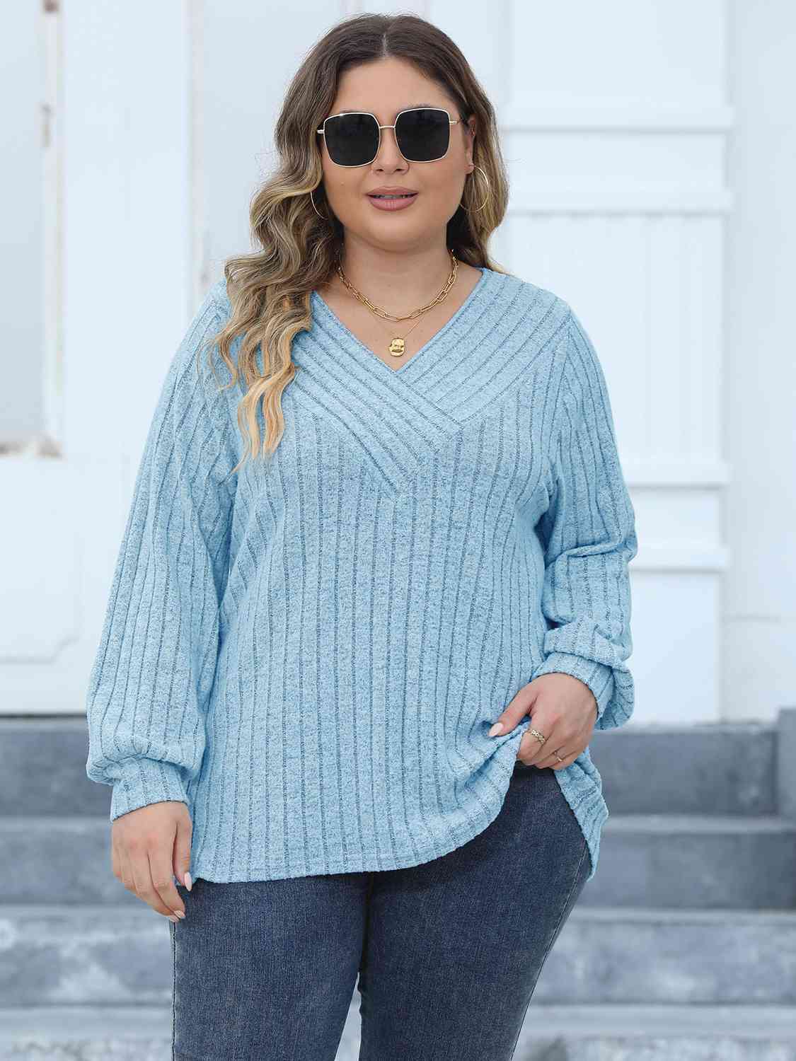 Plus Size Ribbed V-Neck Long Sleeve Top (4 Colors) Shirts & Tops Krazy Heart Designs Boutique Pastel  Blue L 