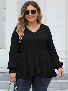 Plus Size Ribbed V-Neck Long Sleeve Blouse (4 Colors) Shirts & Tops Krazy Heart Designs Boutique Black L 