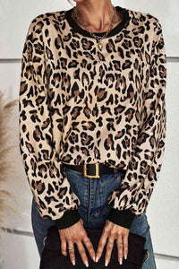 Leopard Print Round Neck Dropped Shoulder Sweatshirt (2 Colors) Shirts & Tops Krazy Heart Designs Boutique Beige/Leopard S 