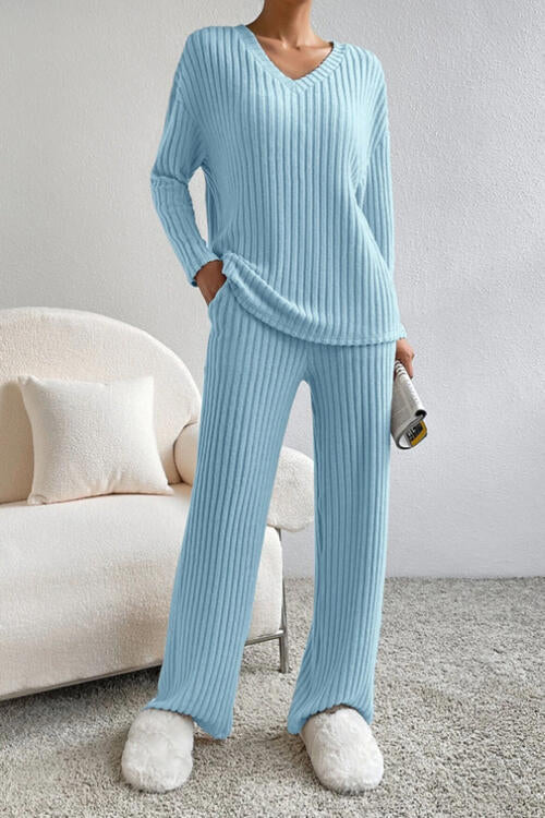 Ribbed V-Neck Top and Pants Set (5 Colors) Outfit Sets Krazy Heart Designs Boutique Pastel  Blue S 