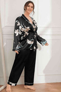 Plus Size Floral Belted Robe and Pants Pajama Set (2 Colors) Loungewear Krazy Heart Designs Boutique   