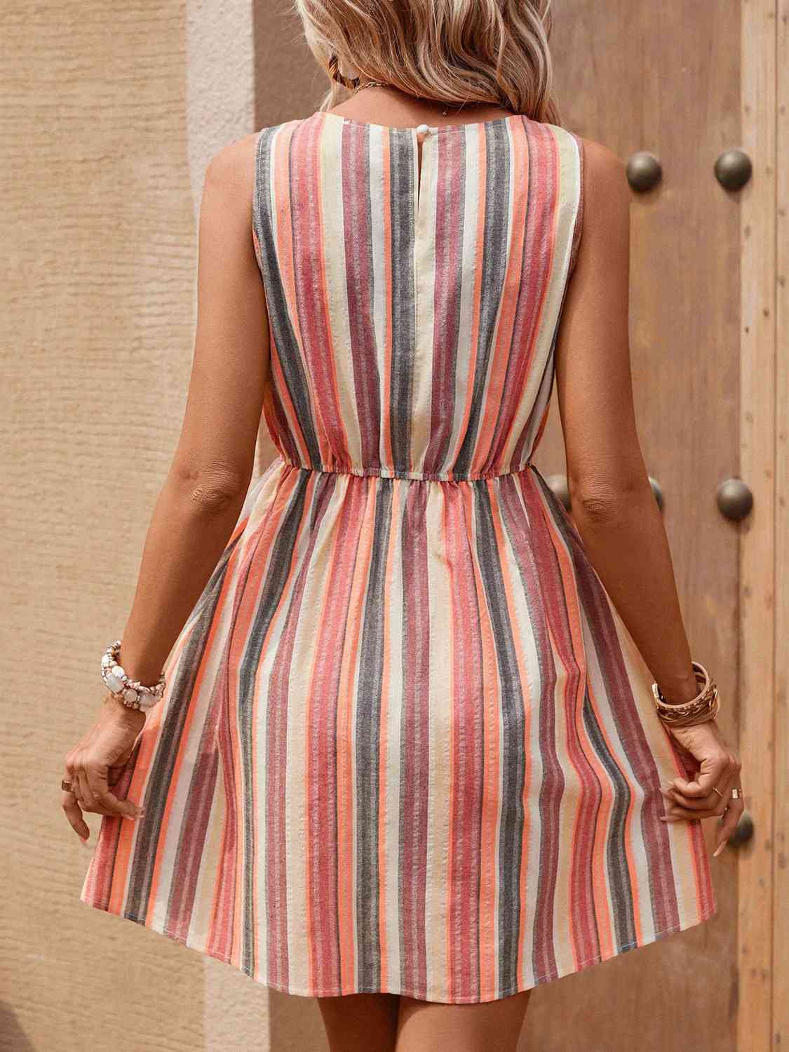 Striped Drawstring Round Neck Sleeveless Dress  Krazy Heart Designs Boutique   