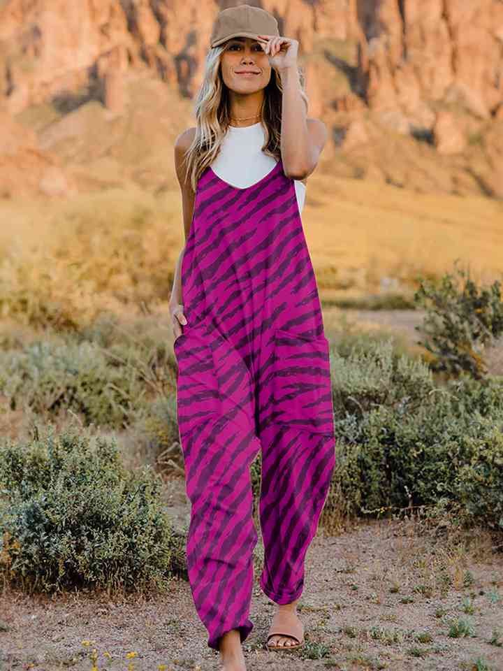Full Size Printed V-Neck Sleeveless Jumpsuit (6 Colors)  Krazy Heart Designs Boutique Magenta S 