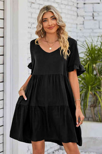 V-Neck Flounce Sleeve Tiered Dress (8 Colors)  Krazy Heart Designs Boutique Black S 