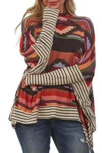 Geometric Striped Splicing Round Neck Blouse Shirts & Tops Krazy Heart Designs Boutique Multicolor S 