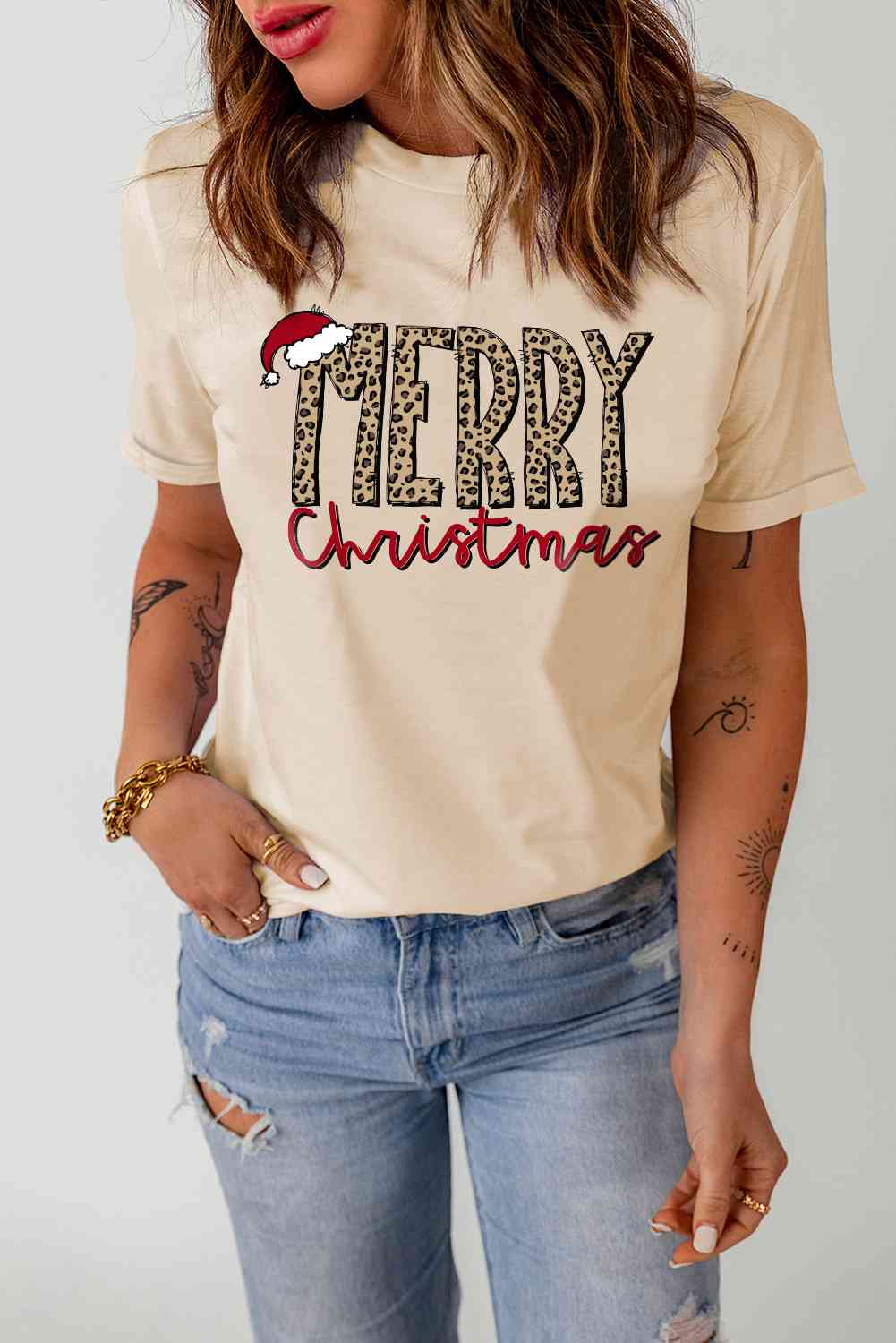 MERRY CHRISTMAS Graphic T-Shirt  Krazy Heart Designs Boutique Beige S 