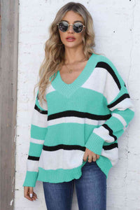 Color Block V-Neck Dropped Shoulder Sweater (7 Colors) Shirts & Tops Krazy Heart Designs Boutique Tiffany Blue One Size 