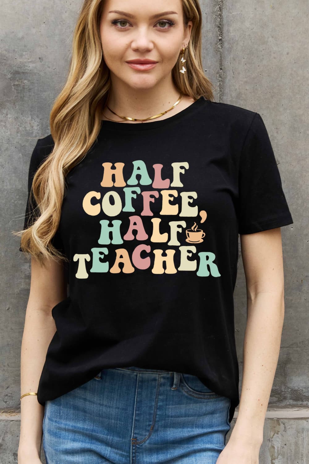 Simply Love Full Size HALF COFFEE HALF TEACHER Graphic Cotton Tee (3 Colors)  Krazy Heart Designs Boutique Black S 