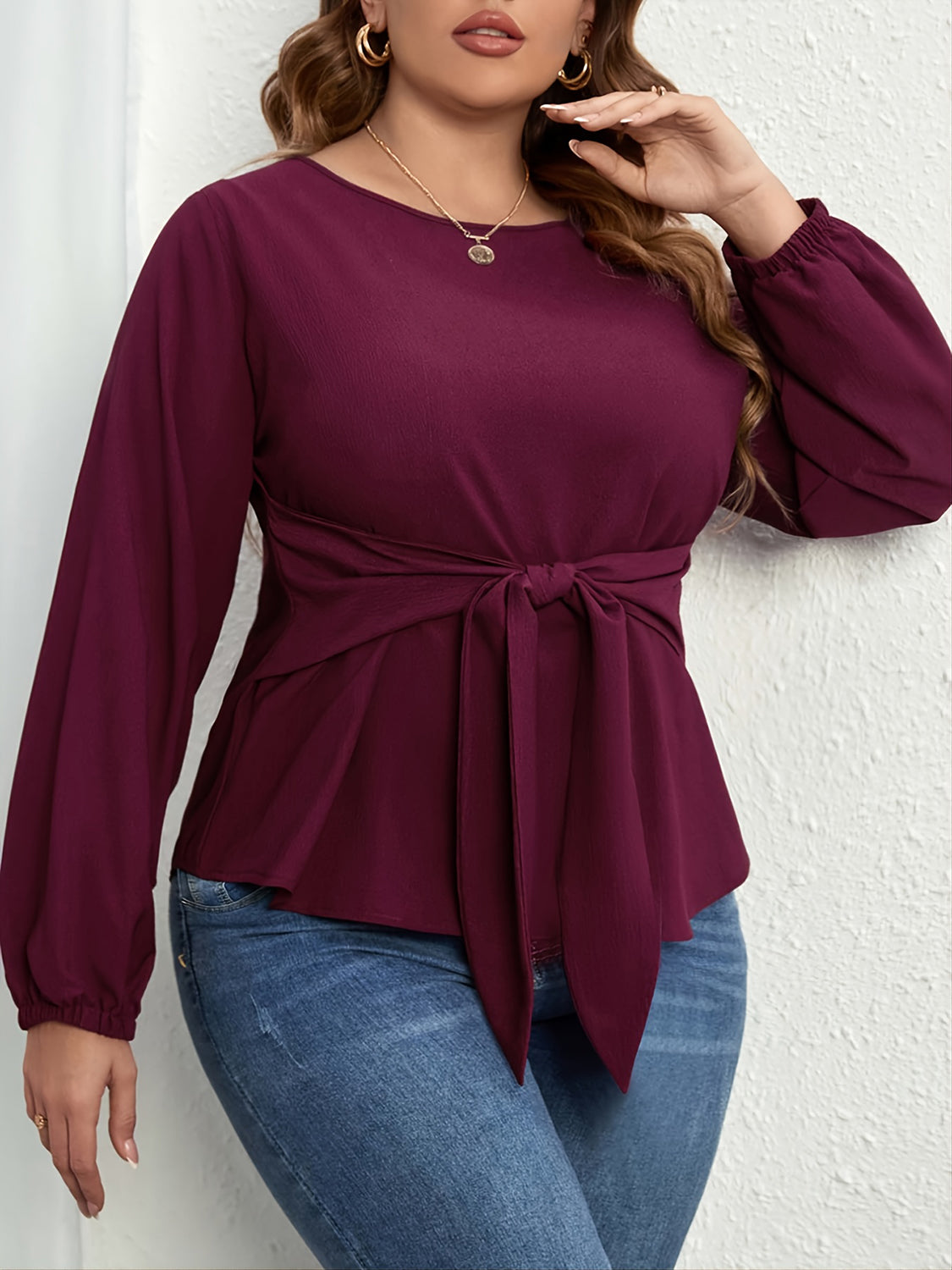 Plus Size Tie Front Long Sleeve Blouse  Krazy Heart Designs Boutique Plum 1XL 