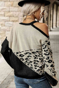Leopard Print Color Block Cold-Shoulder Sweater Shirts & Tops Krazy Heart Designs Boutique   