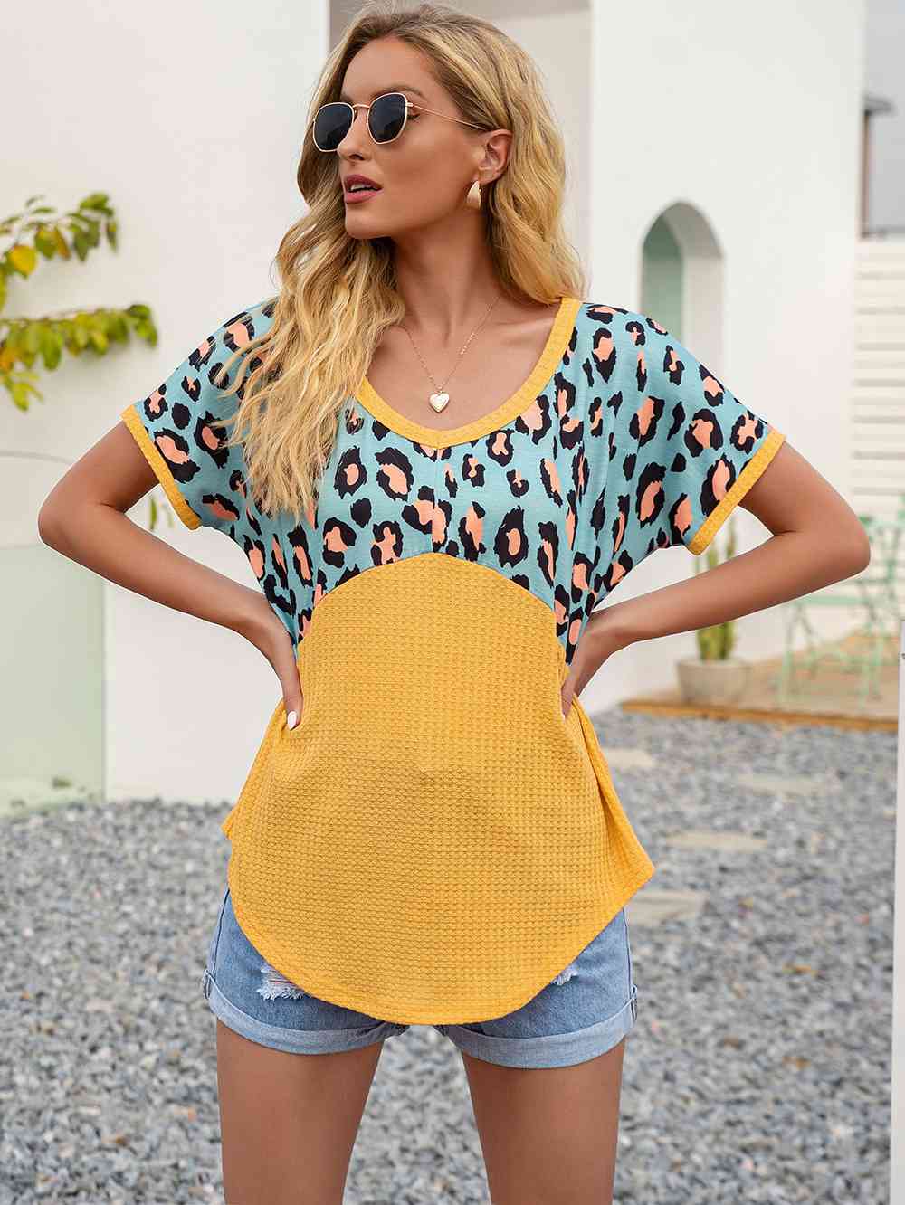 Leopard Waffle-Knit Short Sleeve Top (4 Colors) Shirts & Tops Krazy Heart Designs Boutique   