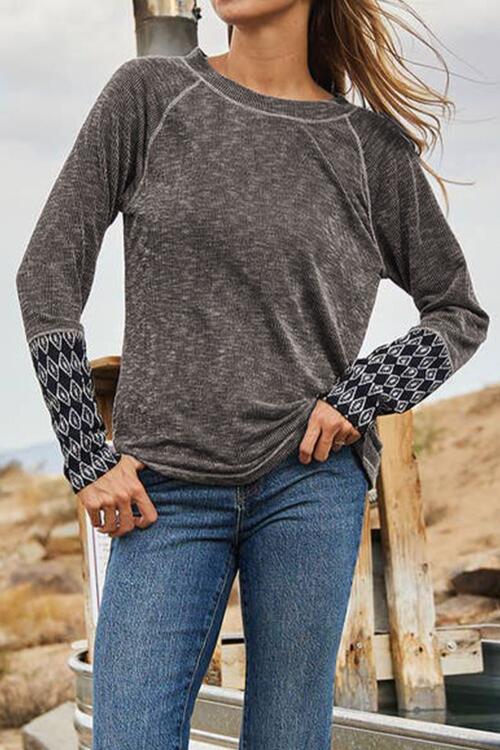 Geometric Round Neck Long Sleeve Top Shirts & Tops Krazy Heart DesignsBoutique   
