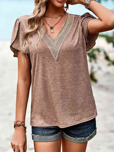 Contrast V-Neck Petal Sleeve Top (5 Colors) Shirts & Tops Krazy Heart Designs Boutique Camel S 