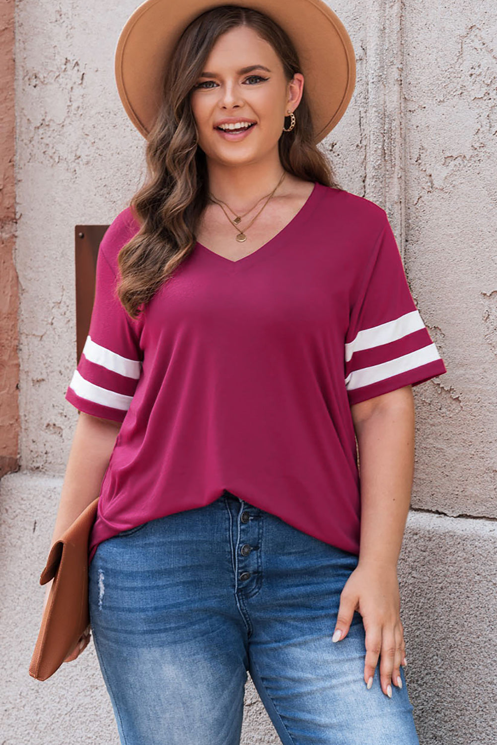 Plus Size Striped V-Neck Tee Shirt (10 Colors)  Krazy Heart Designs Boutique Moonlit Mauve 1X 