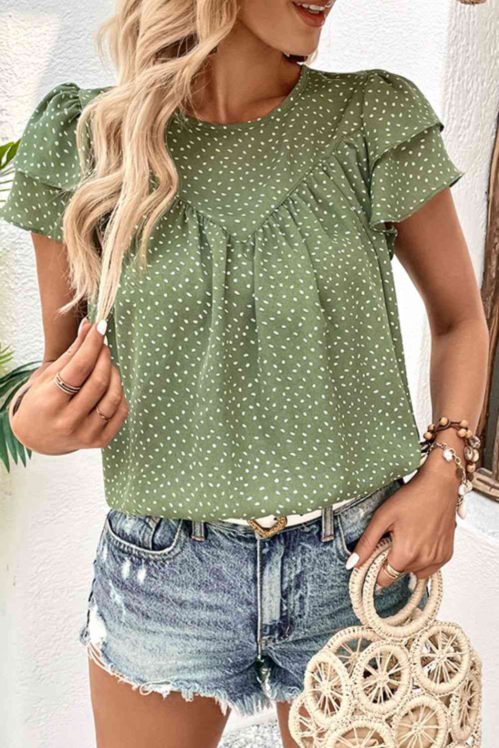 Printed Round Neck Puff Sleeve Blouse  Krazy Heart Designs Boutique   