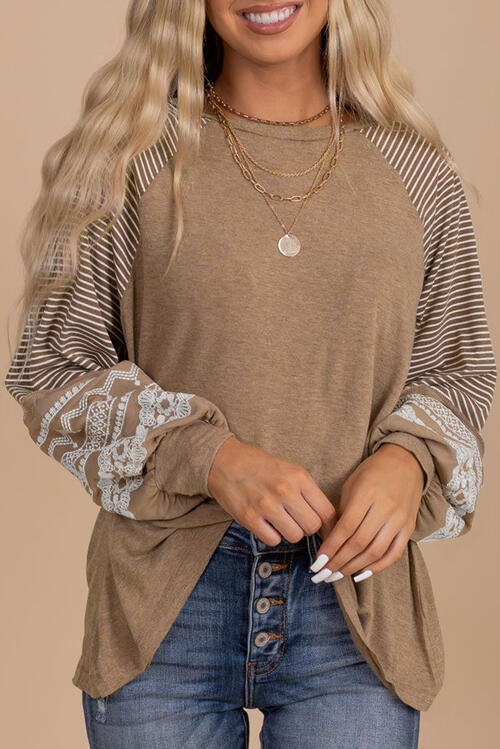 Striped Round Neck Long Sleeve Blouse Shirts & Tops Krazy Heart Designs Boutique Khaki S 