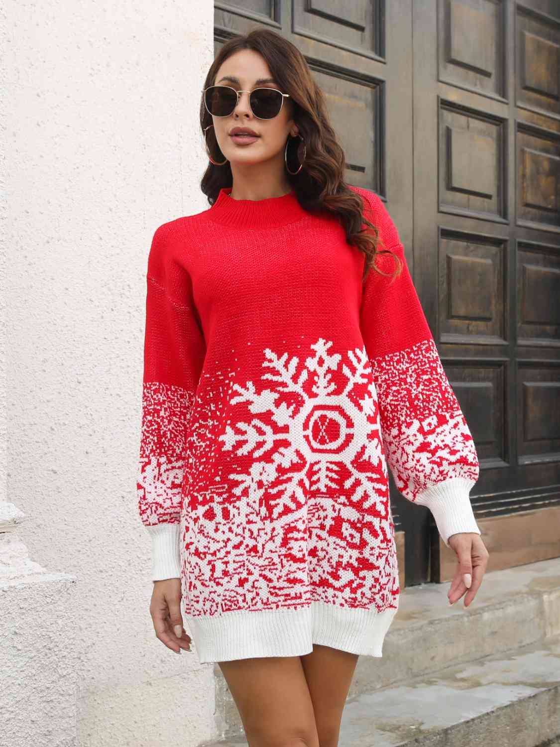 Snowflake Pattern Long Length Sweater (2 Colors) Shirts & Tops Krazy Heart Designs Boutique Red S 