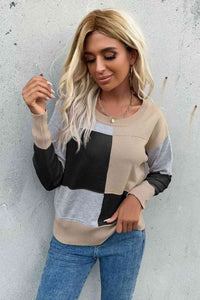 Color Block Ribbed Trim Round Neck Knit Pullover (7 Colors) Shirts & Tops Krazy Heart Designs Boutique Black/Tan/Gray M 