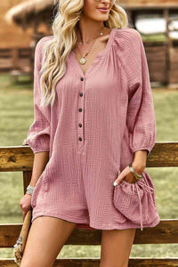 Textured Notched Neck Romper with Pockets (4 Colors)  Krazy Heart Designs Boutique Blush Pink S 